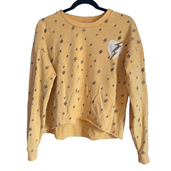 Junk Food Women's Small S Yellow Cropped Sweatshirt Lightning Bolt Print Raw Hem - Picture 9 of 11